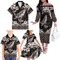 Hawaiian Plumeria and Humpback Whales Family Matching Off The Shoulder Long Sleeve Dress and Hawaiian Shirt Polynerian Art Tattoo-Grayscale Mode