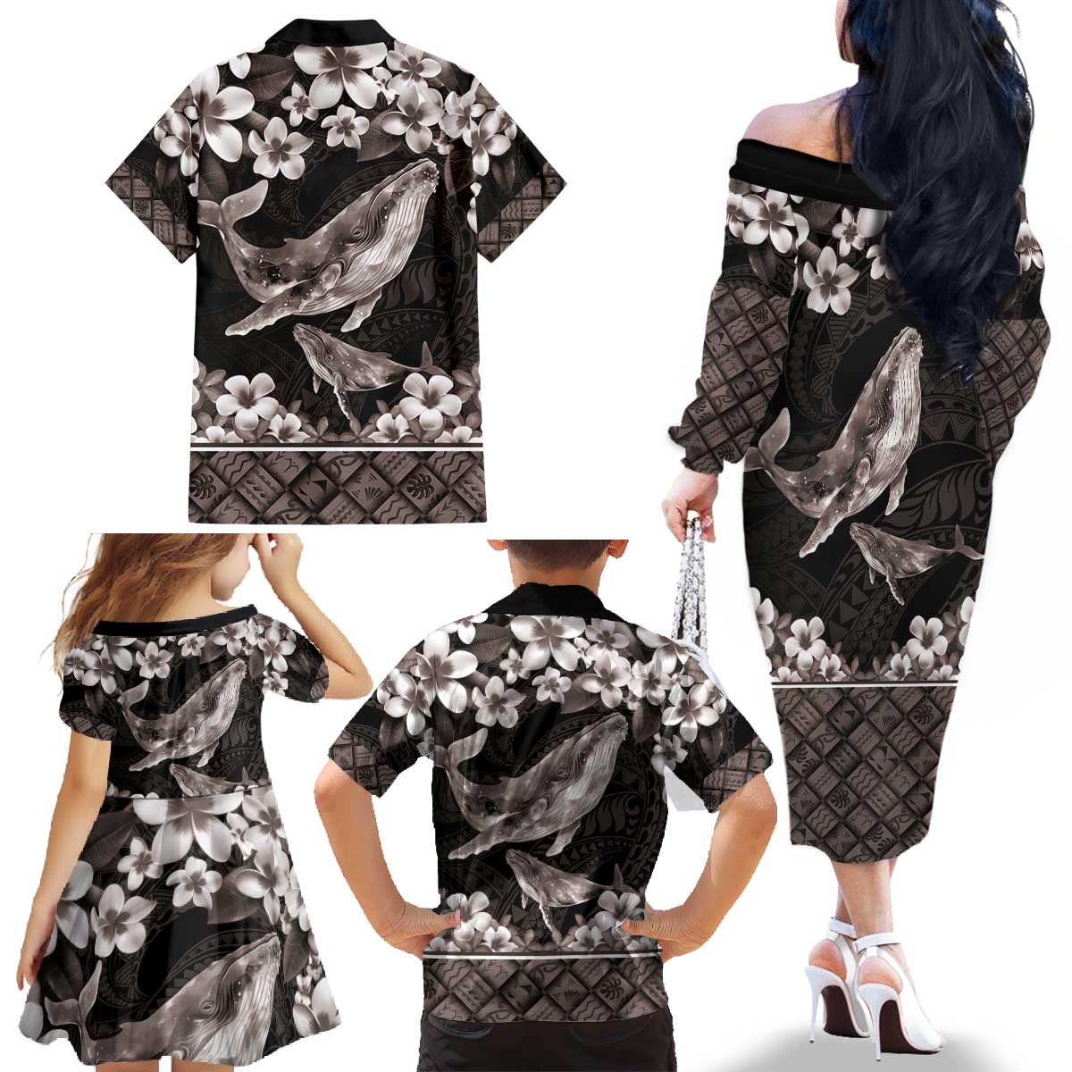 Hawaiian Plumeria and Humpback Whales Family Matching Off The Shoulder Long Sleeve Dress and Hawaiian Shirt Polynerian Art Tattoo-Grayscale Mode