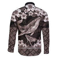 Hawaiian Plumeria and Humpback Whales Family Matching Off The Shoulder Long Sleeve Dress and Hawaiian Shirt Polynerian Art Tattoo-Grayscale Mode