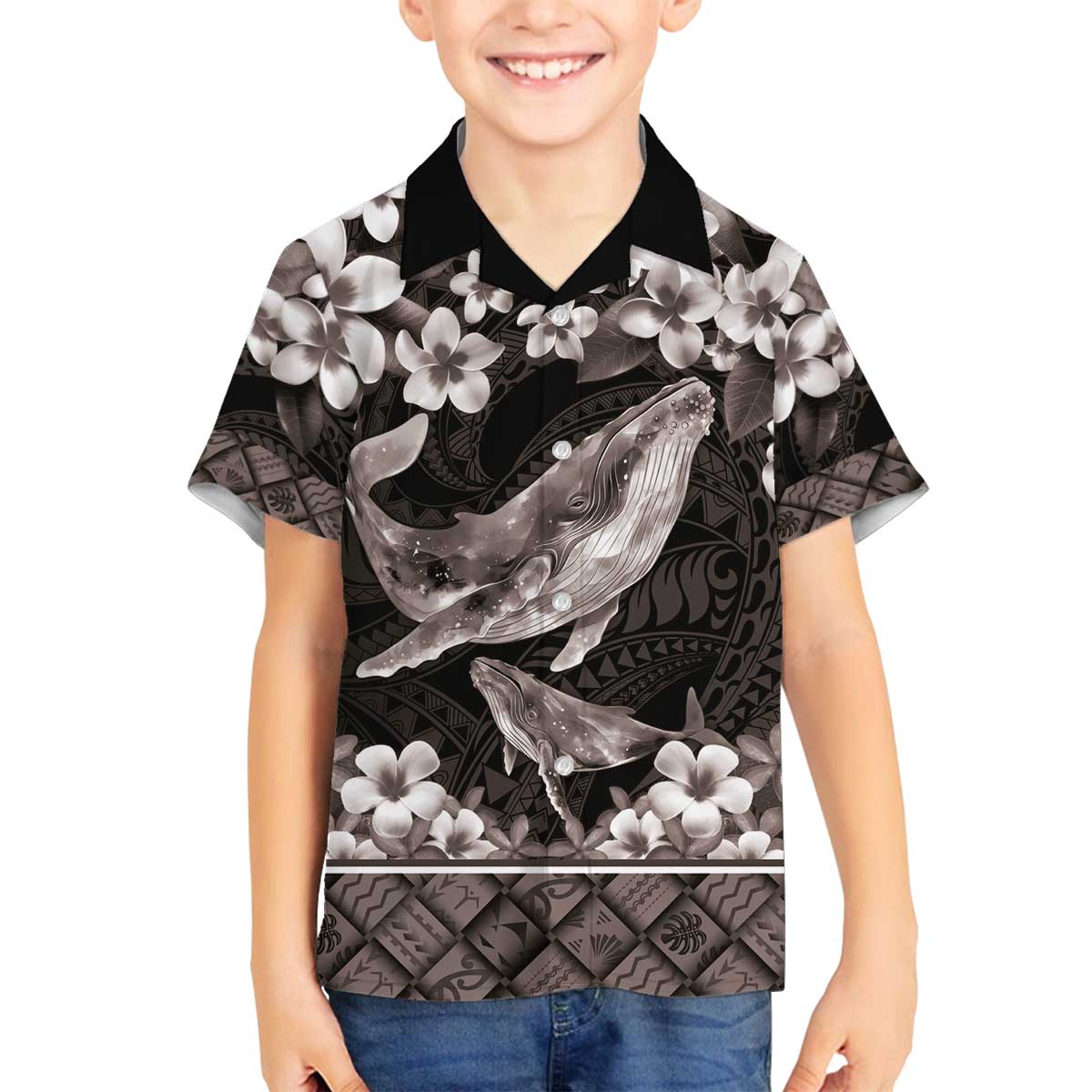 Hawaiian Plumeria and Humpback Whales Family Matching Off The Shoulder Long Sleeve Dress and Hawaiian Shirt Polynerian Art Tattoo-Grayscale Mode