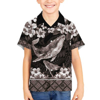 Hawaiian Plumeria and Humpback Whales Family Matching Off The Shoulder Long Sleeve Dress and Hawaiian Shirt Polynerian Art Tattoo-Grayscale Mode