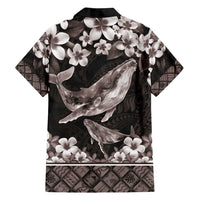 Hawaiian Plumeria and Humpback Whales Family Matching Off Shoulder Maxi Dress and Hawaiian Shirt Polynerian Art Tattoo-Grayscale Mode