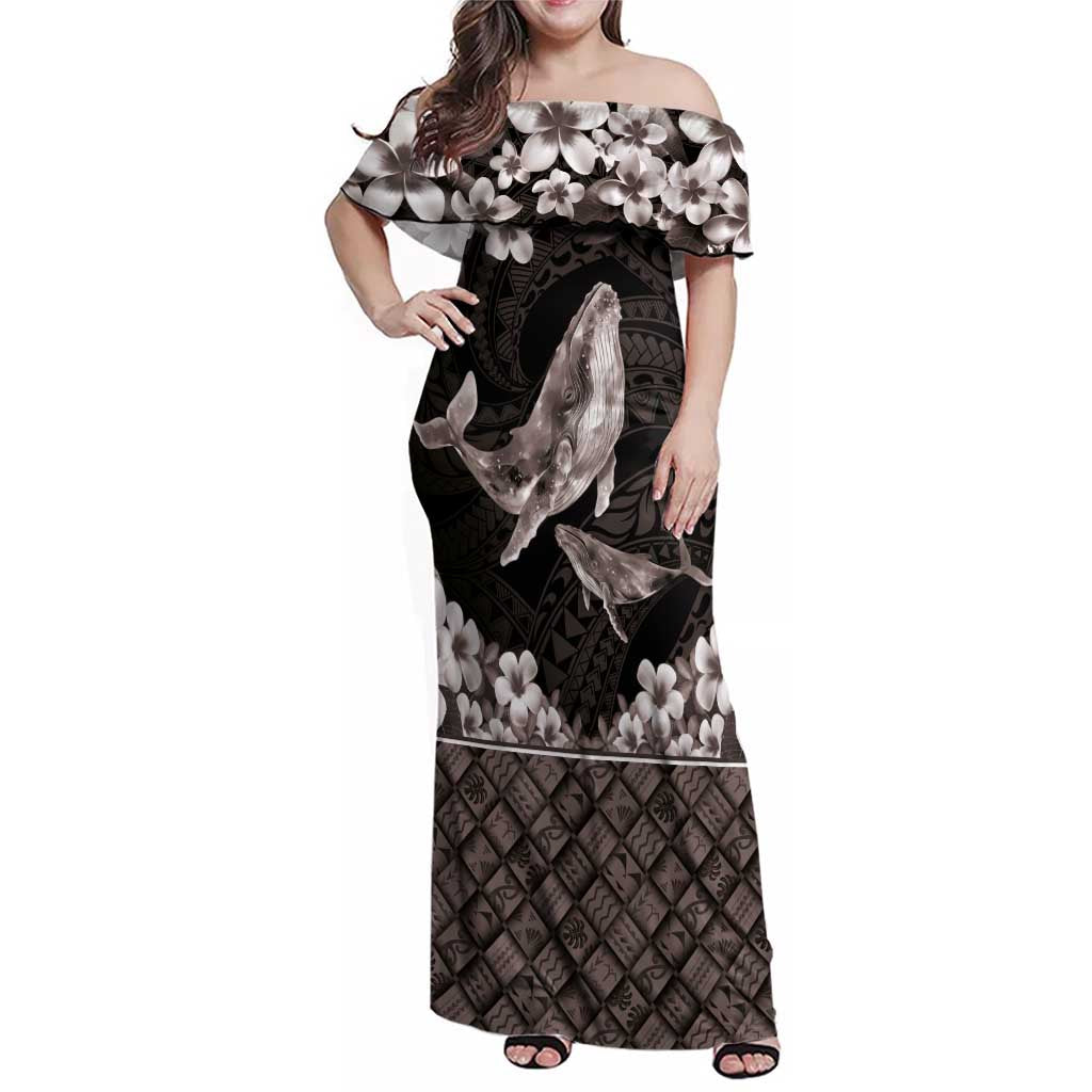 Hawaiian Plumeria and Humpback Whales Family Matching Off Shoulder Maxi Dress and Hawaiian Shirt Polynerian Art Tattoo-Grayscale Mode