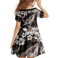 Hawaiian Plumeria and Humpback Whales Family Matching Off Shoulder Short Dress and Hawaiian Shirt Polynerian Art Tattoo-Grayscale Mode LT03 - Polynesian Pride