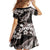 Hawaiian Plumeria and Humpback Whales Family Matching Off Shoulder Short Dress and Hawaiian Shirt Polynerian Art Tattoo-Grayscale Mode