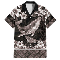 Hawaiian Plumeria and Humpback Whales Family Matching Off Shoulder Short Dress and Hawaiian Shirt Polynerian Art Tattoo-Grayscale Mode LT03 Dad's Shirt - Short Sleeve Black - Polynesian Pride