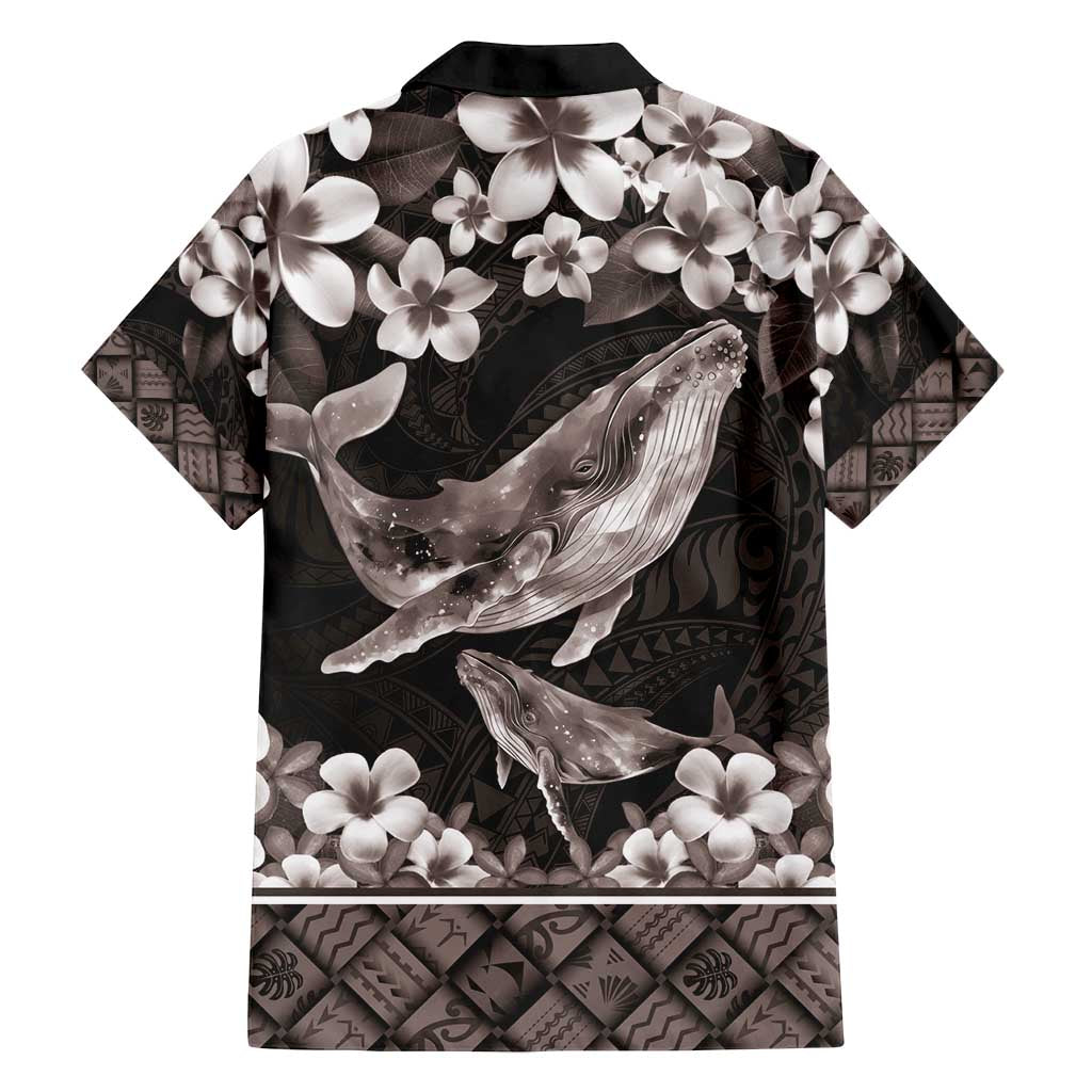 Hawaiian Plumeria and Humpback Whales Family Matching Off Shoulder Short Dress and Hawaiian Shirt Polynerian Art Tattoo-Grayscale Mode LT03 - Polynesian Pride