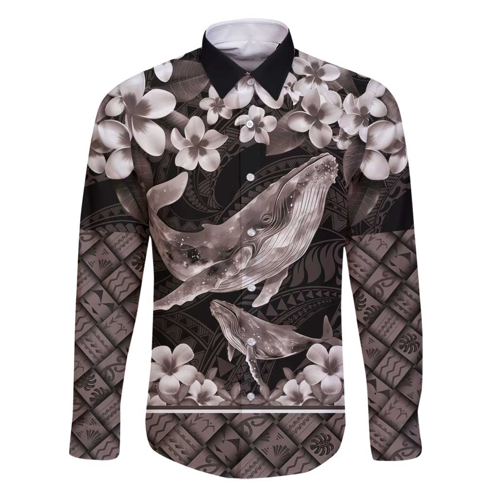 Hawaiian Plumeria and Humpback Whales Family Matching Off Shoulder Short Dress and Hawaiian Shirt Polynerian Art Tattoo-Grayscale Mode LT03 Dad's Shirt - Long Sleeve Black - Polynesian Pride