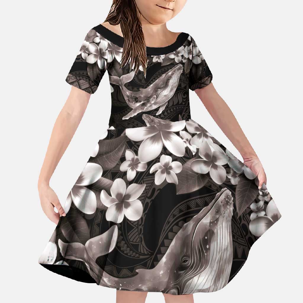 Hawaiian Plumeria and Humpback Whales Family Matching Summer Maxi Dress and Hawaiian Shirt Polynerian Art Tattoo-Grayscale Mode LT03 Daughter's Dress Black - Polynesian Pride