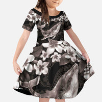 Hawaiian Plumeria and Humpback Whales Family Matching Summer Maxi Dress and Hawaiian Shirt Polynerian Art Tattoo-Grayscale Mode LT03 Daughter's Dress Black - Polynesian Pride