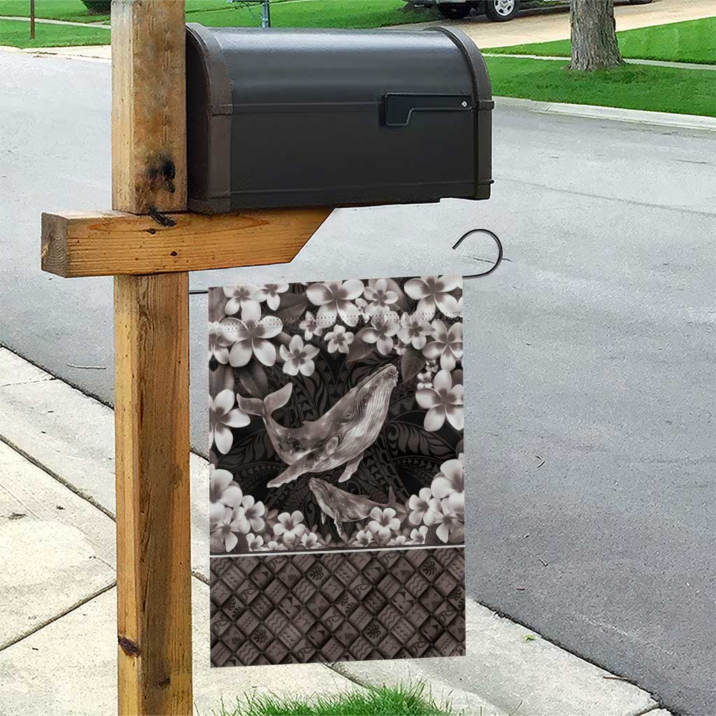 Hawaiian Plumeria and Humpback Whales Garden Flag Polynerian Art Tattoo-Grayscale Mode