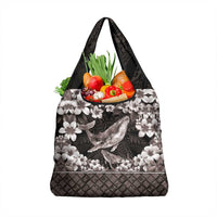 Hawaiian Plumeria and Humpback Whales Grocery Bag Polynerian Art Tattoo-Grayscale Mode