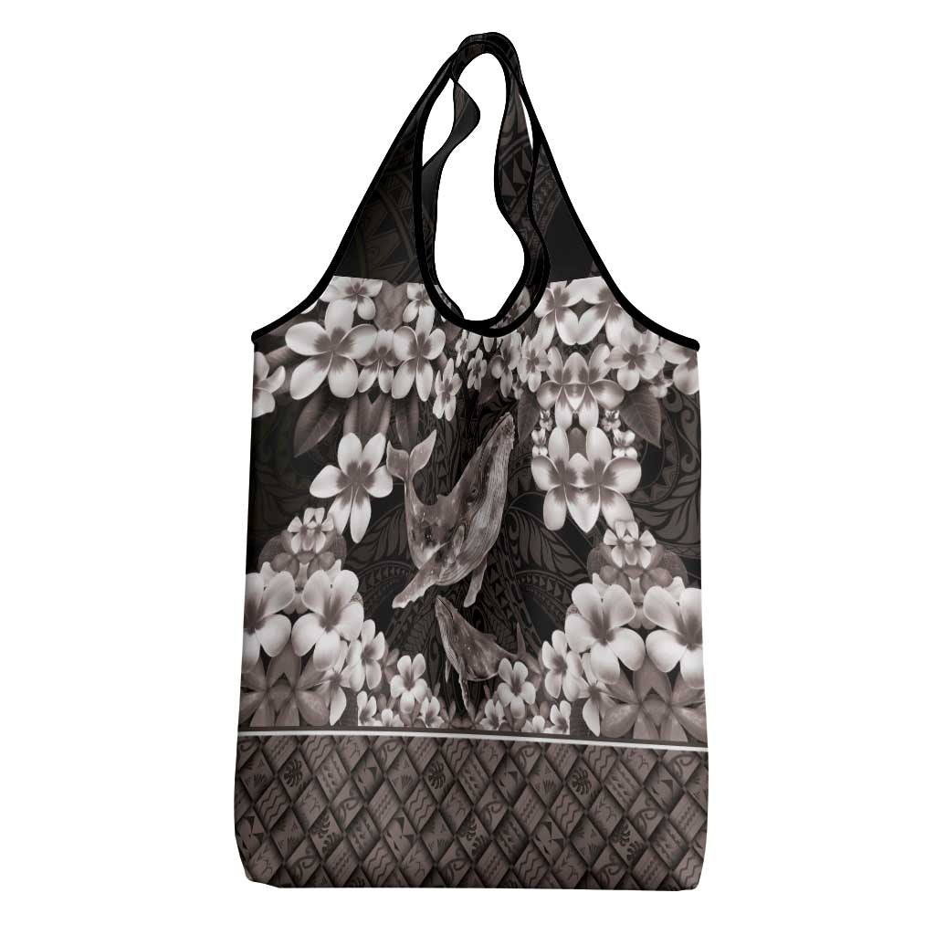 Hawaiian Plumeria and Humpback Whales Grocery Bag Polynerian Art Tattoo-Grayscale Mode
