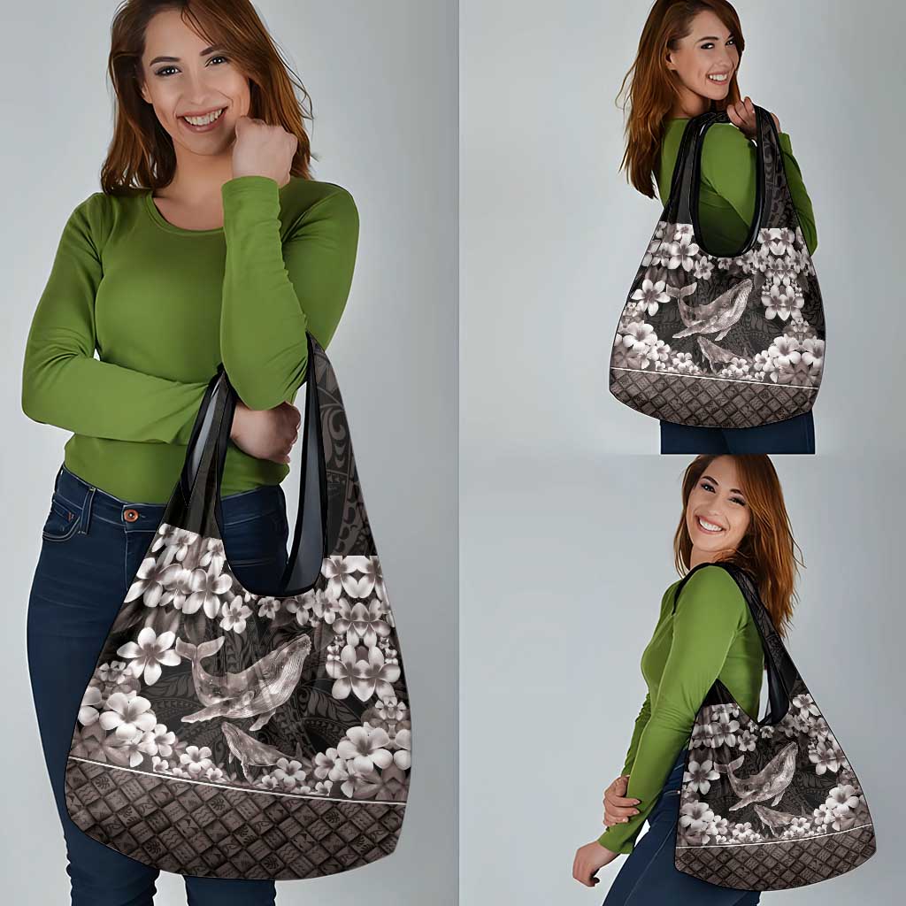 Hawaiian Plumeria and Humpback Whales Grocery Bag Polynerian Art Tattoo-Grayscale Mode