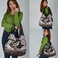 Hawaiian Plumeria and Humpback Whales Grocery Bag Polynerian Art Tattoo-Grayscale Mode