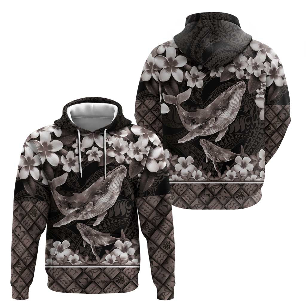 Hawaiian Plumeria and Humpback Whales Hoodie Polynerian Art Tattoo-Grayscale Mode