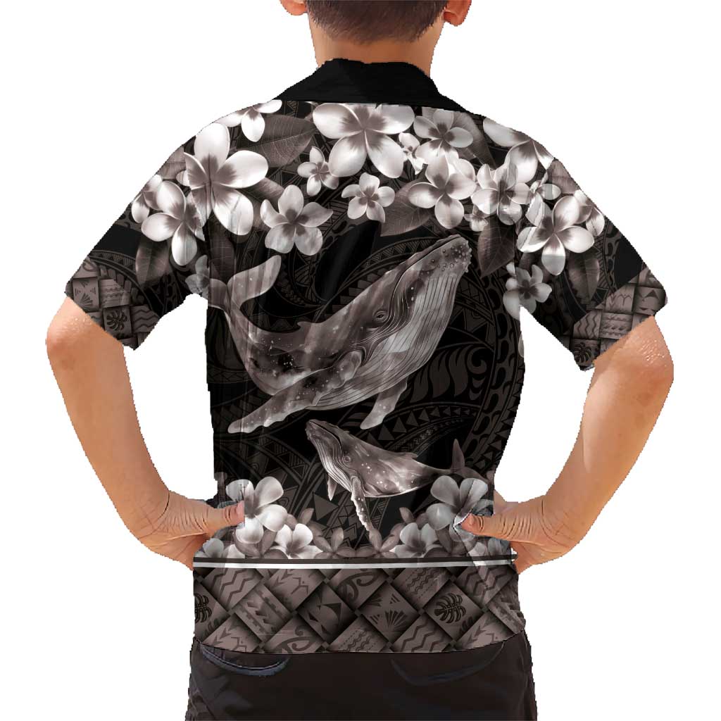 Hawaiian Plumeria and Humpback Whales Kid Hawaiian Shirt Polynerian Art Tattoo-Grayscale Mode LT03 - Polynesian Pride