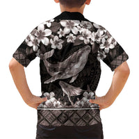 Hawaiian Plumeria and Humpback Whales Kid Hawaiian Shirt Polynerian Art Tattoo-Grayscale Mode LT03 - Polynesian Pride