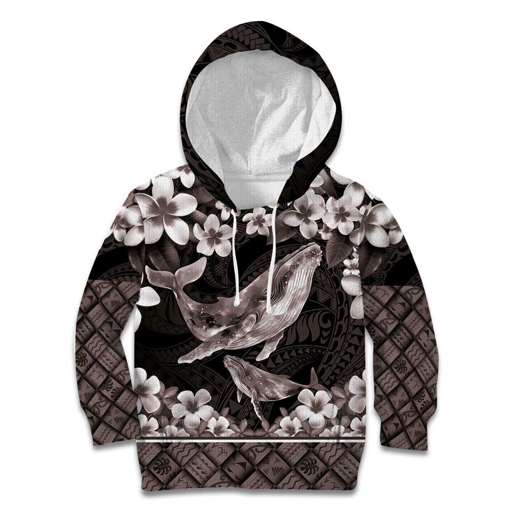 Hawaiian Plumeria and Humpback Whales Kid Hoodie Polynerian Art Tattoo-Grayscale Mode