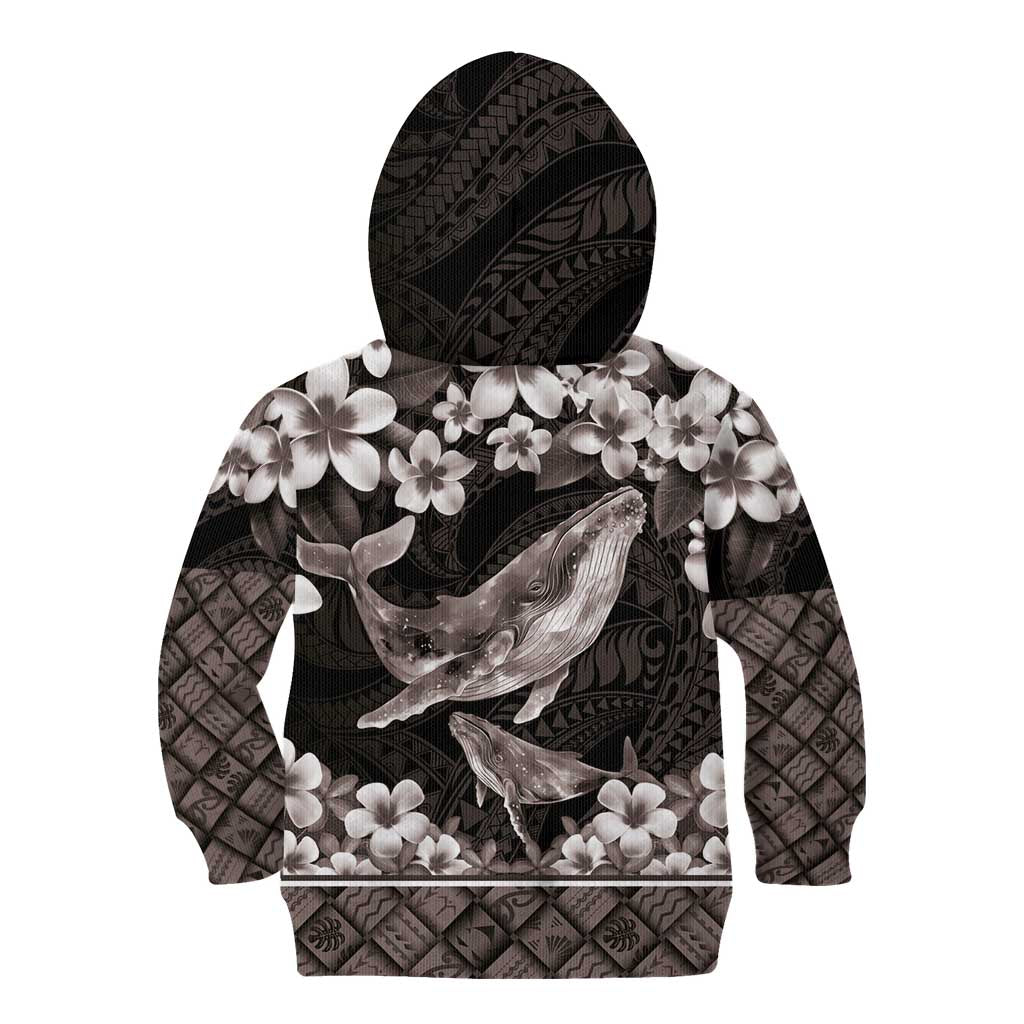 Hawaiian Plumeria and Humpback Whales Kid Hoodie Polynerian Art Tattoo-Grayscale Mode