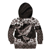 Hawaiian Plumeria and Humpback Whales Kid Hoodie Polynerian Art Tattoo-Grayscale Mode