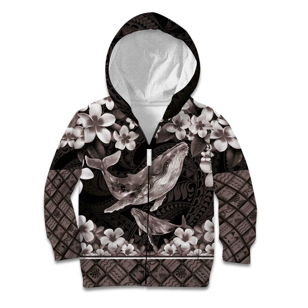 Hawaiian Plumeria and Humpback Whales Kid Hoodie Polynerian Art Tattoo-Grayscale Mode