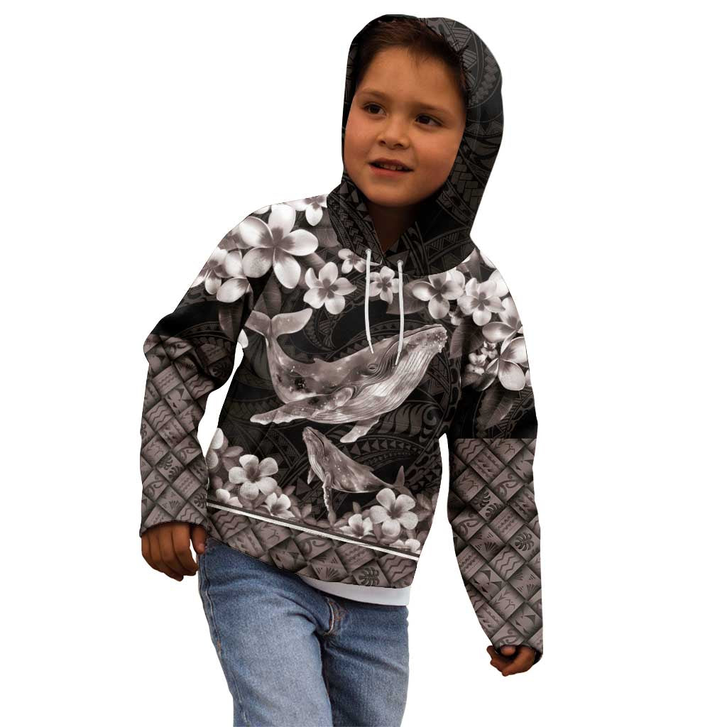 Hawaiian Plumeria and Humpback Whales Kid Hoodie Polynerian Art Tattoo-Grayscale Mode