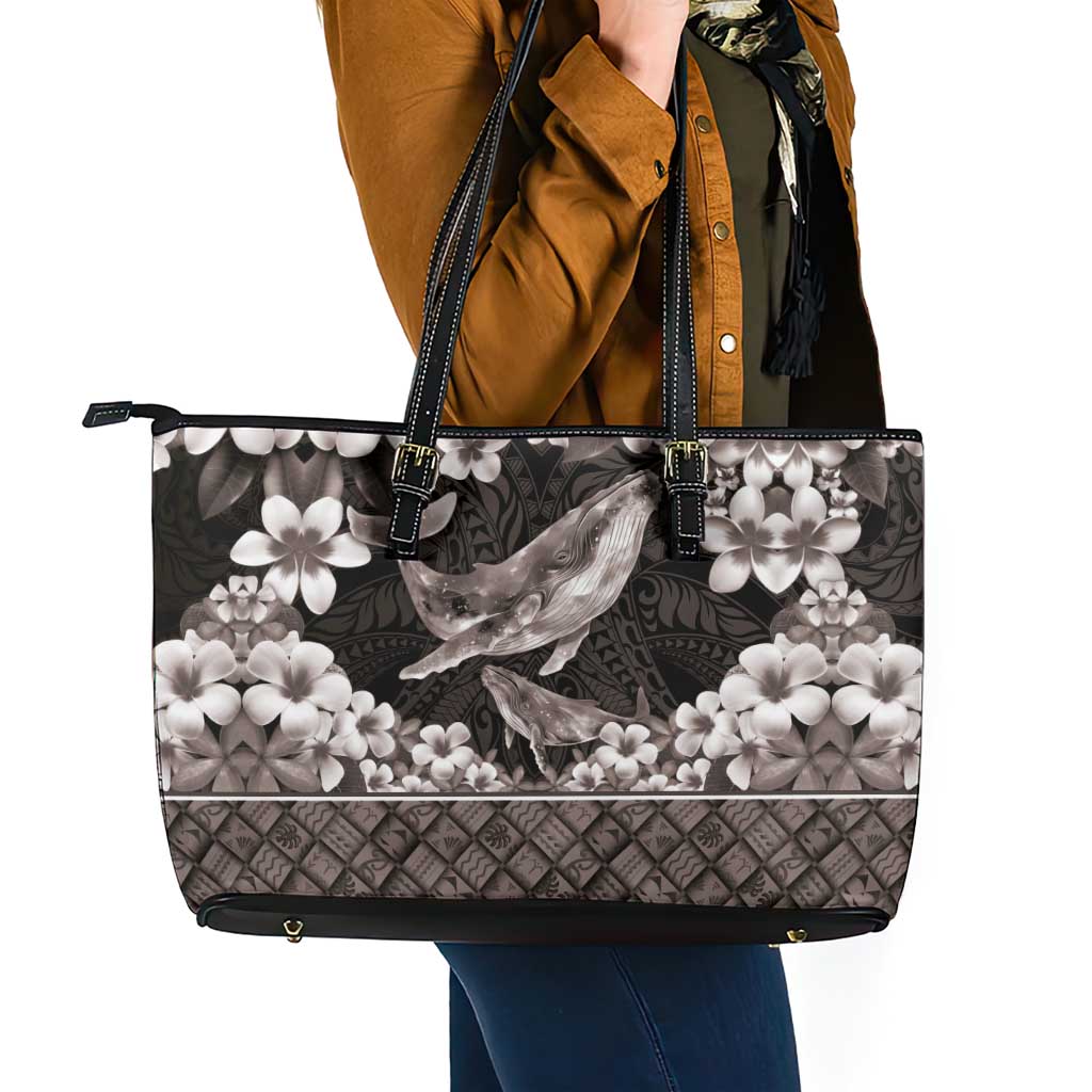 Hawaiian Plumeria and Humpback Whales Leather Tote Bag Polynerian Art Tattoo-Grayscale Mode LT03 - Polynesian Pride