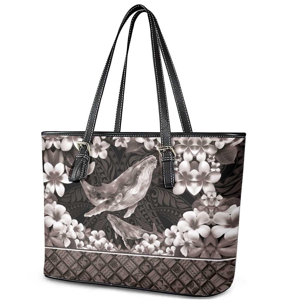 Hawaiian Plumeria and Humpback Whales Leather Tote Bag Polynerian Art Tattoo-Grayscale Mode LT03 - Polynesian Pride