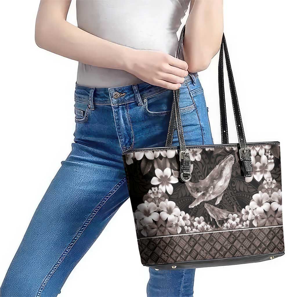 Hawaiian Plumeria and Humpback Whales Leather Tote Bag Polynerian Art Tattoo-Grayscale Mode LT03 - Polynesian Pride