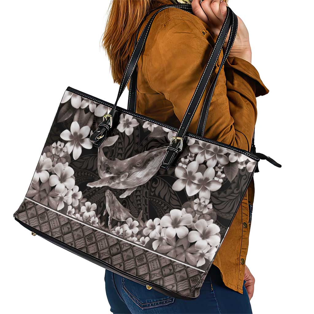 Hawaiian Plumeria and Humpback Whales Leather Tote Bag Polynerian Art Tattoo-Grayscale Mode LT03 - Polynesian Pride