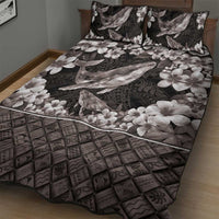 Hawaiian Plumeria and Humpback Whales Quilt Bed Set Polynerian Art Tattoo-Grayscale Mode