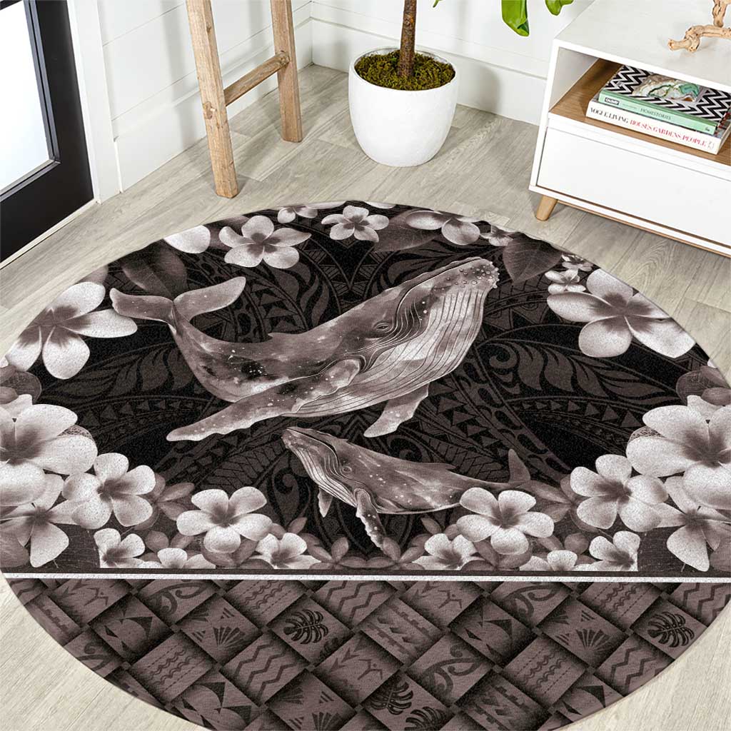 Hawaiian Plumeria and Humpback Whales Round Carpet Polynerian Art Tattoo-Grayscale Mode LT03 Black - Polynesian Pride
