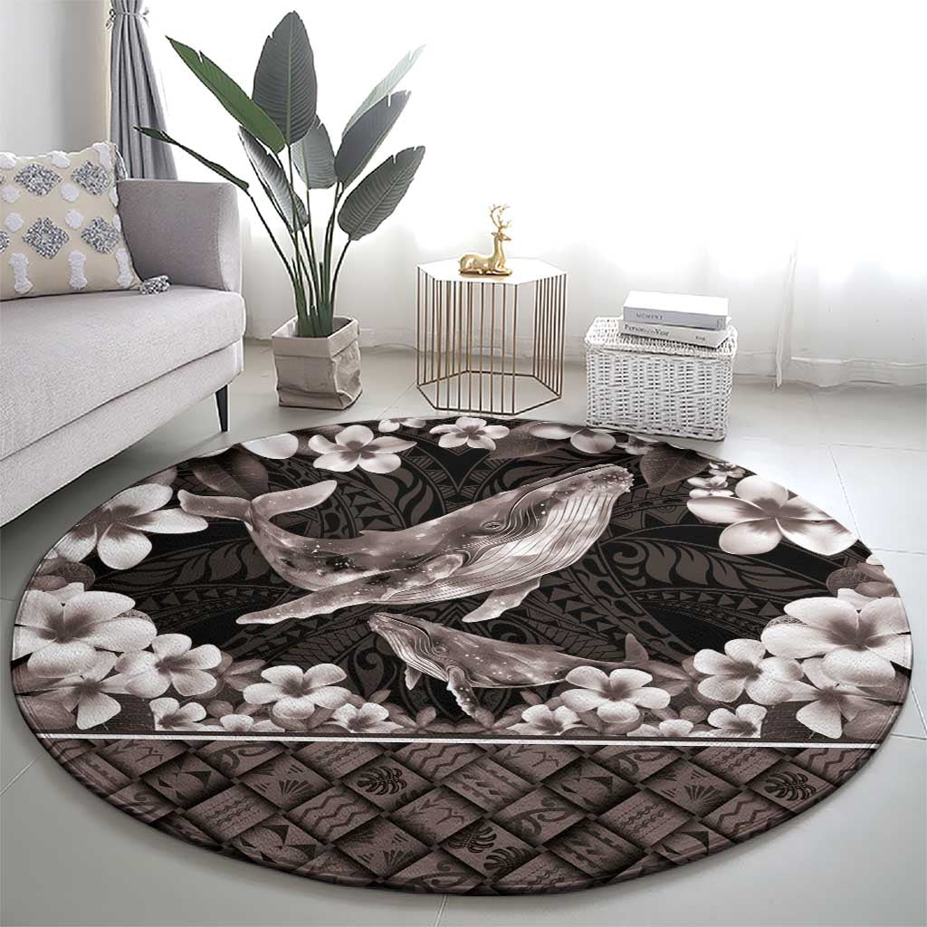Hawaiian Plumeria and Humpback Whales Round Carpet Polynerian Art Tattoo-Grayscale Mode LT03 - Polynesian Pride