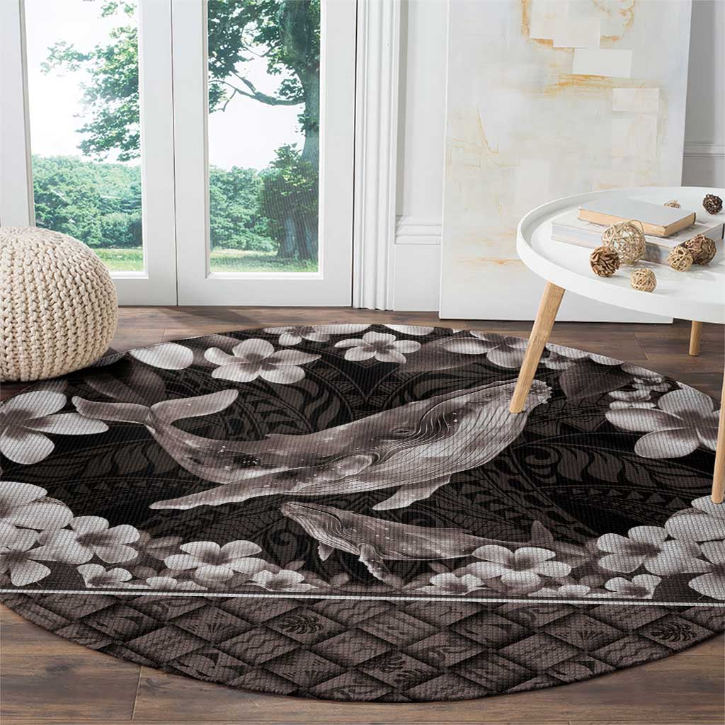 Hawaiian Plumeria and Humpback Whales Round Carpet Polynerian Art Tattoo-Grayscale Mode LT03 - Polynesian Pride