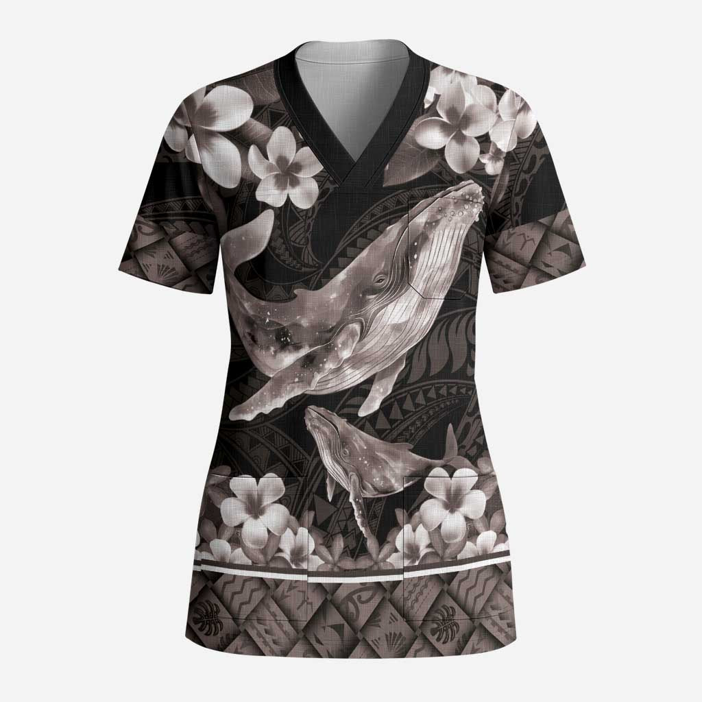 Hawaiian Plumeria and Humpback Whales Scrub Top Polynerian Art Tattoo-Grayscale Mode - Polynesian Pride