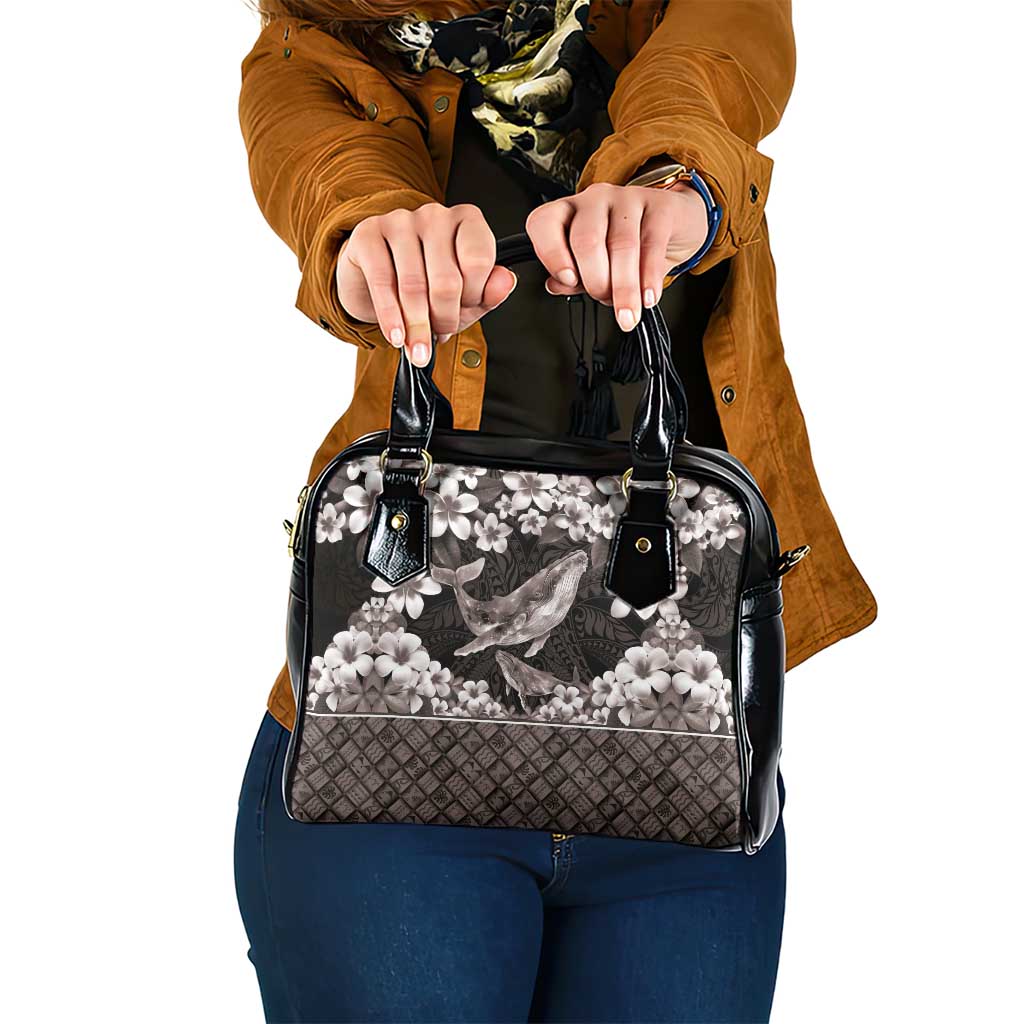 Hawaiian Plumeria and Humpback Whales Shoulder Handbag Polynerian Art Tattoo-Grayscale Mode LT03 One Size Black - Polynesian Pride