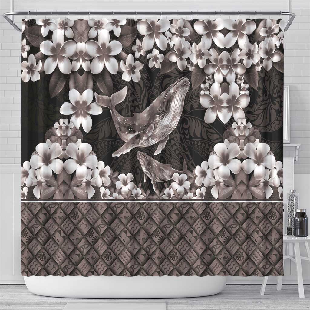 Hawaiian Plumeria and Humpback Whales Shower Curtain Polynerian Art Tattoo-Grayscale Mode LT03 - Polynesian Pride