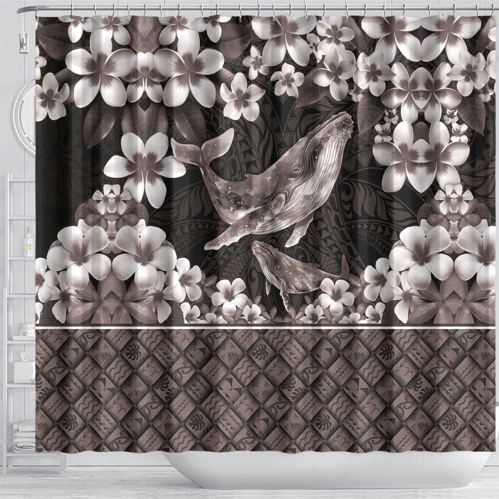 Hawaiian Plumeria and Humpback Whales Shower Curtain Polynerian Art Tattoo-Grayscale Mode LT03 - Polynesian Pride