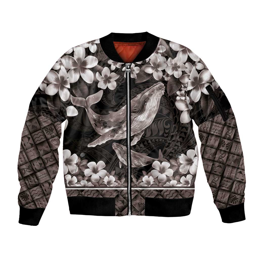 Hawaiian Plumeria and Humpback Whales Sleeve Zip Bomber Jacket Polynerian Art Tattoo-Grayscale Mode LT03 Unisex Black - Polynesian Pride