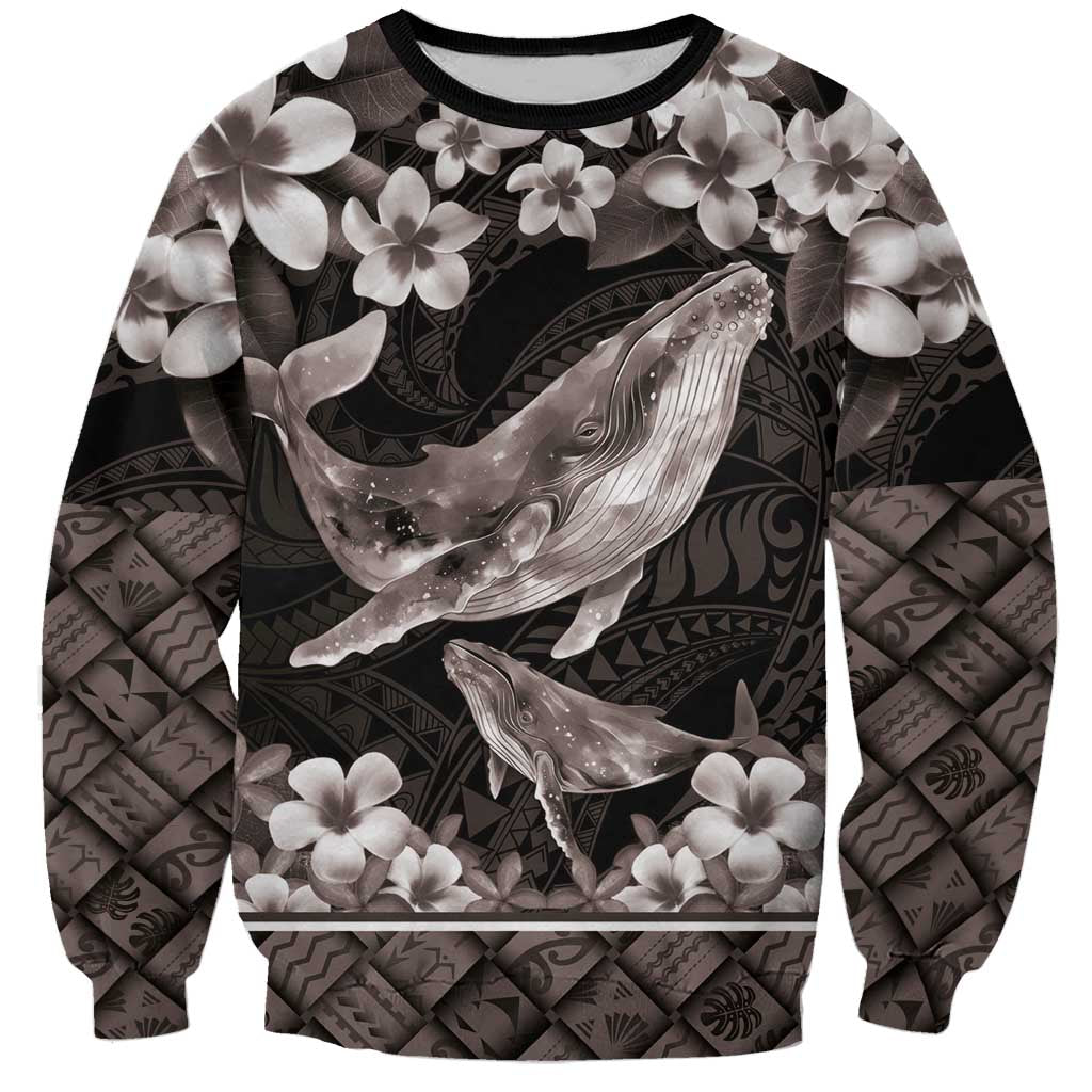 Hawaiian Plumeria and Humpback Whales Sweatshirt Polynerian Art Tattoo-Grayscale Mode
