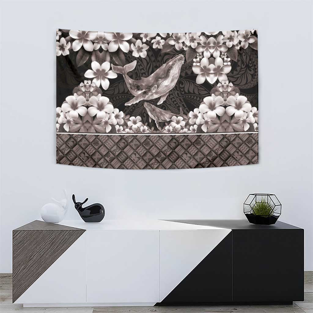 Hawaiian Plumeria and Humpback Whales Tapestry Polynerian Art Tattoo-Grayscale Mode