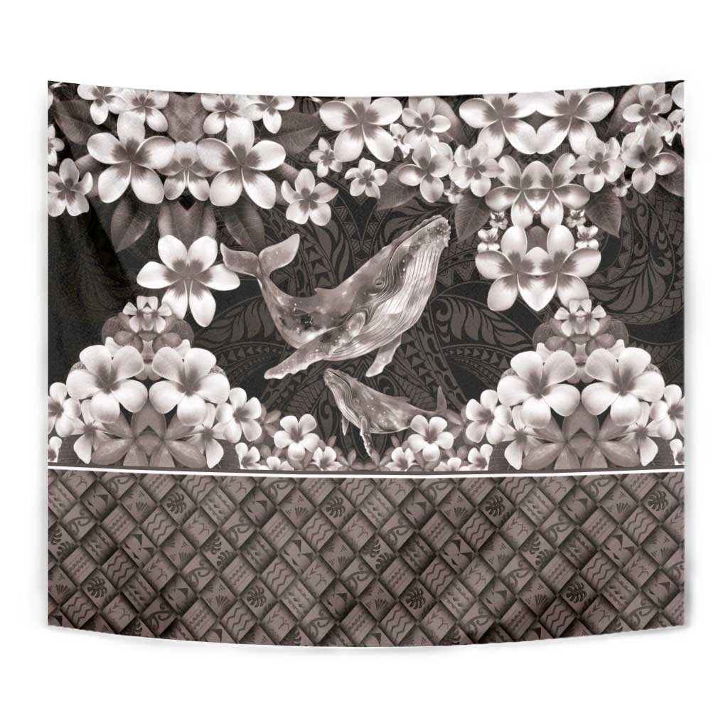 Hawaiian Plumeria and Humpback Whales Tapestry Polynerian Art Tattoo-Grayscale Mode