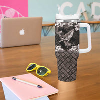 Hawaiian Plumeria and Humpback Whales Tumbler With Handle Polynerian Art Tattoo-Grayscale Mode