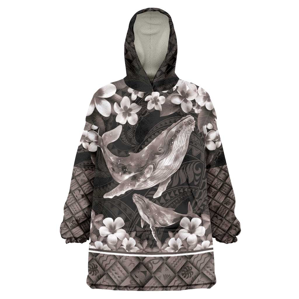 Hawaiian Plumeria and Humpback Whales Wearable Blanket Hoodie Polynerian Art Tattoo-Grayscale Mode
