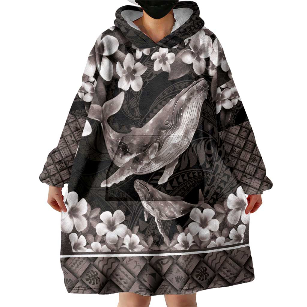 Hawaiian Plumeria and Humpback Whales Wearable Blanket Hoodie Polynerian Art Tattoo-Grayscale Mode