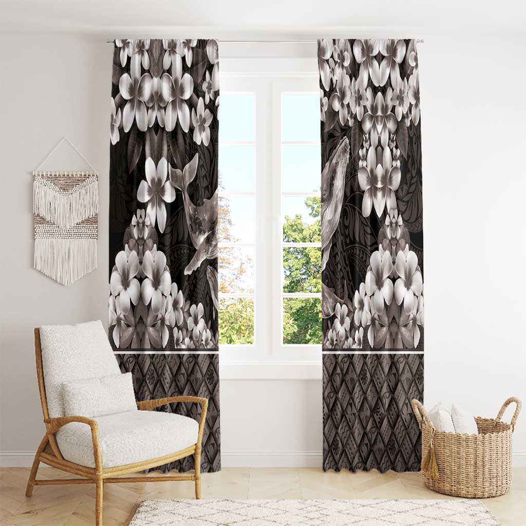 Hawaiian Plumeria and Humpback Whales Window Curtain Polynerian Art Tattoo-Grayscale Mode