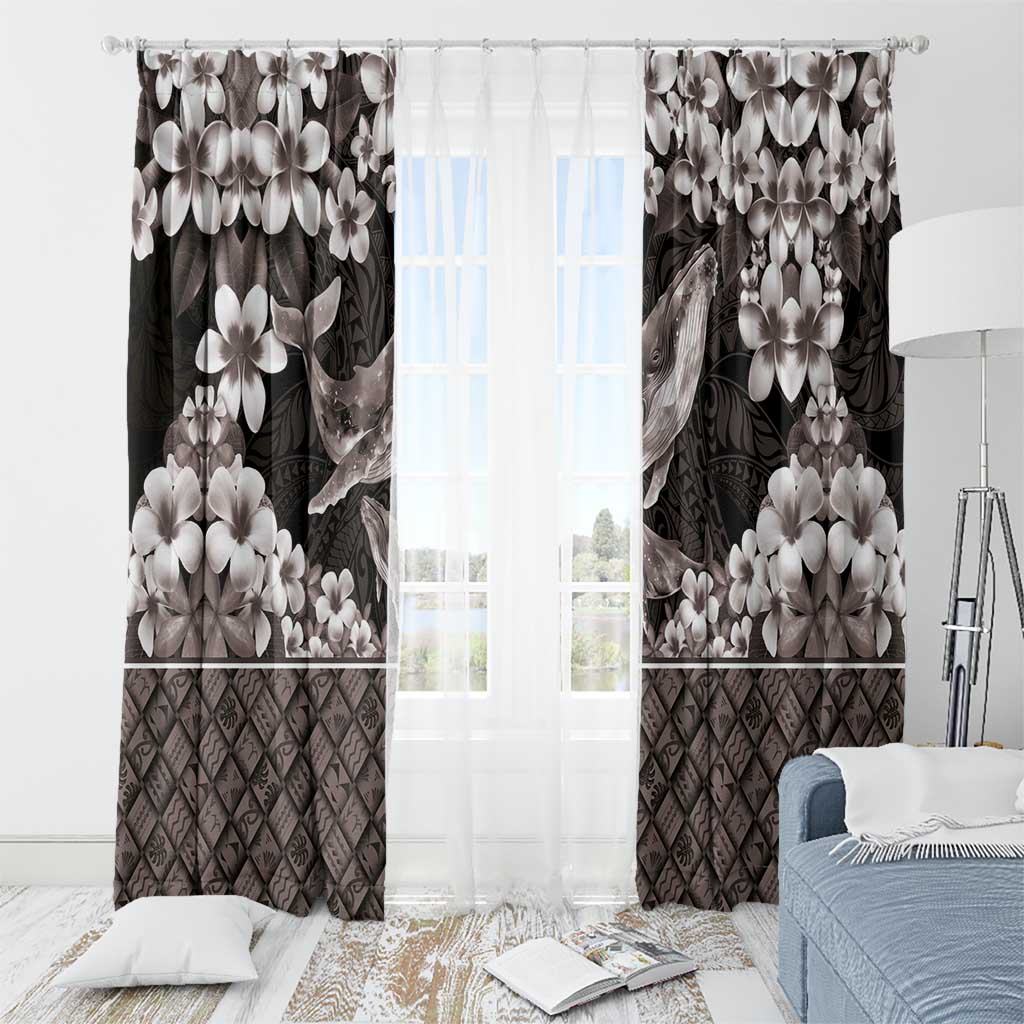 Hawaiian Plumeria and Humpback Whales Window Curtain Polynerian Art Tattoo-Grayscale Mode