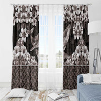 Hawaiian Plumeria and Humpback Whales Window Curtain Polynerian Art Tattoo-Grayscale Mode