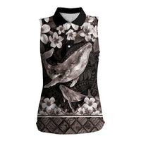 Hawaiian Plumeria and Humpback Whales Women Sleeveless Polo Shirt Polynerian Art Tattoo-Grayscale Mode